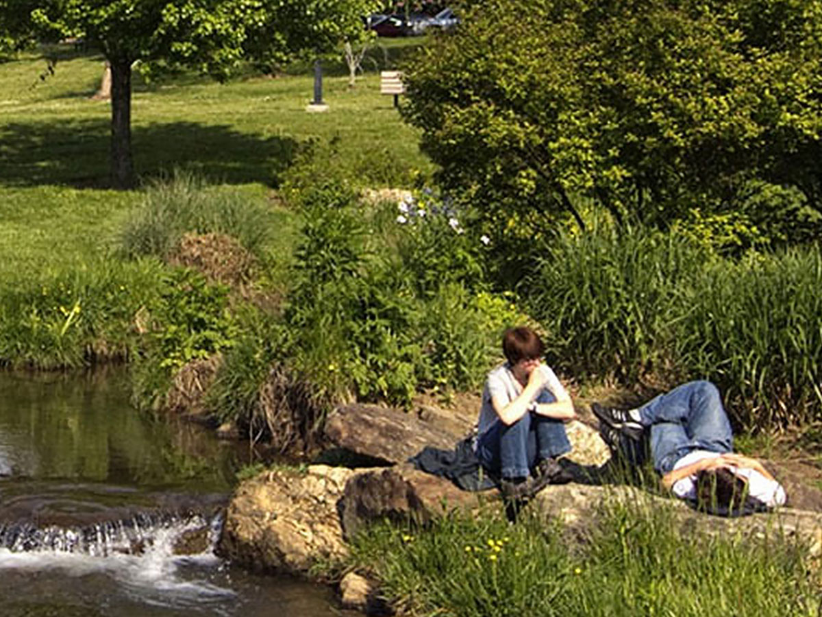 Two people sitting on large rocks beside a small stream in a grassy park with trees and shrubs.