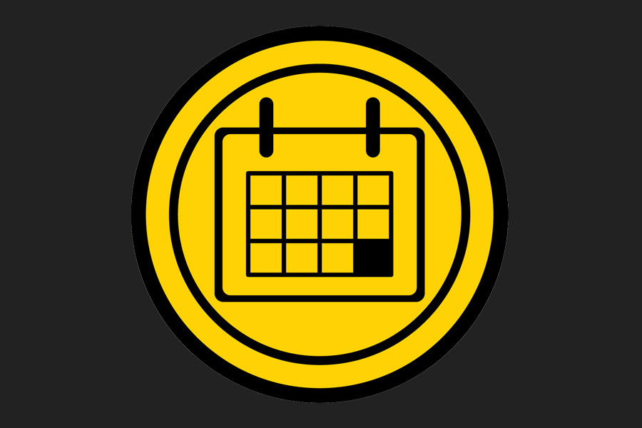 Yellow calendar icon on dark background.