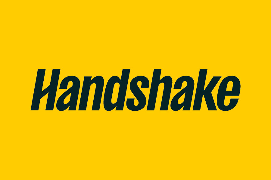 Handshake logo on a yellow background representing a career networking platform.