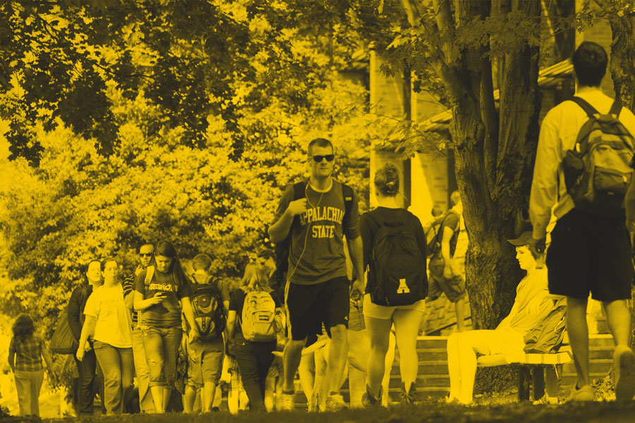 People walking and gathering along a tree-lined campus path near academic buildings.