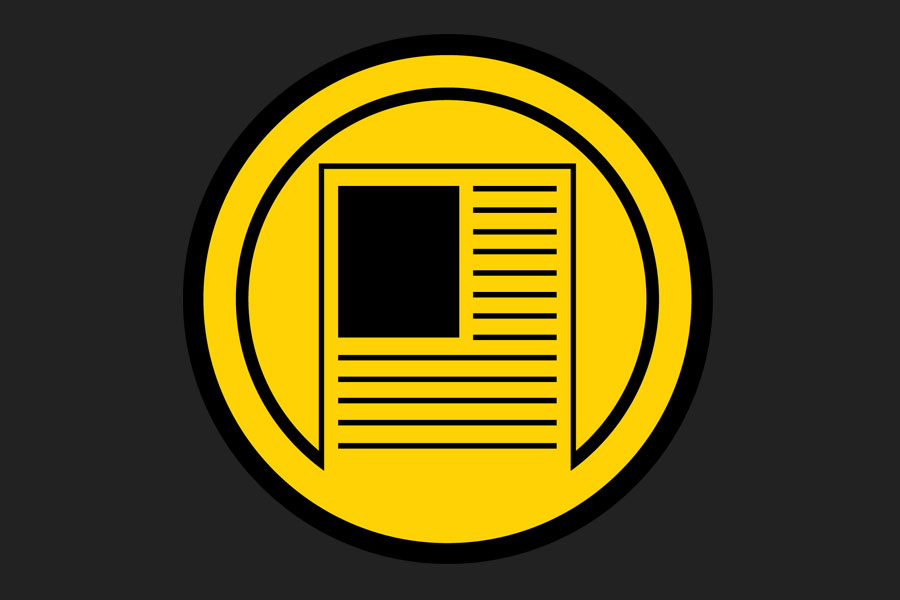 Yellow newspaper icon on dark background.