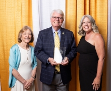 Roger Hyatt ’71 ’74, center, is the recipient of the 2024 Alumni Award from App State’s Reich College of Education. He is pictured with Reich College of Education Dean Melba Spooner, left, and Associate Vice Chancellor of Alumni Engagement Stephanie Billings ’92 at the 2024 Alumni Awards Gala, held July 13 at App State’s Boone campus.