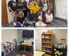 The image is a collage of three photos. The top photo shows a group of people posing in front of a sign that reads "Future Mountaineers Library." The bottom left photo shows a small room with bookshelves filled with children's books, a table with chairs, and toys on the floor. The bottom right photo shows another part of the room with more bookshelves filled with books, and additional toys and decorations.