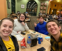 Sydney McKeaver, far left in foreground, is an App State senior majoring in elementary education with a secondary concentration in exceptional learners. She serves as a College Life Fellow for App State’s Scholars with Diverse Abilities Program (SDAP), helping the scholars with daily tasks. Pictured with McKeaver, from left to right, are SDAP scholars Anne Carol Sheely, Bridger Robinson and Web English.