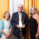Roger Hyatt ’71 ’74, center, is the recipient of the 2024 Alumni Award from App State’s Reich College of Education. He is pictured with Reich College of Education Dean Melba Spooner, left, and Associate Vice Chancellor of Alumni Engagement Stephanie Billings ’92 at the 2024 Alumni Awards Gala, held July 13 at App State’s Boone campus. 