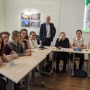 Dr. Paul Wallace, professor of instructional technology at Appalachian State University and a 2019–20 Fulbright scholar, standing, is pictured with his class at Yaroslav-the-Wise Novgorod State University in Veliky Novgorod, Russia.