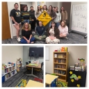 The image is a collage of three photos. The top photo shows a group of people posing in front of a sign that reads 