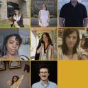 Collage of photos of eight students, some in graduation regalia.