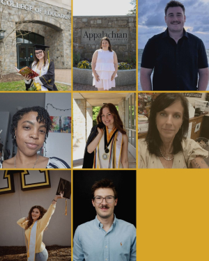 Collage of photos of eight students, some in graduation regalia.