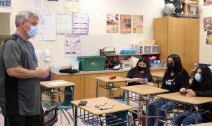 History teacher Darren Pelkey, seen here during summer school session, has been named the 2021-22 Elkin Middle School Teacher of the Year and is also being honored as the districtwide Teacher of the Year.  Lisa Michals | The Tribune