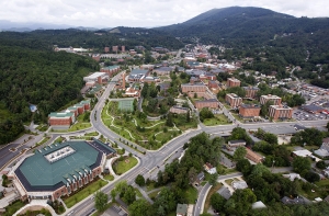 An aerial view of Appalachian State University’s campus in the Blue Ridge Mountains. Photo by Marie Freeman