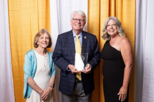 Roger Hyatt ’71 ’74, center, is the recipient of the 2024 Alumni Award from App State’s Reich College of Education. He is pictured with Reich College of Education Dean Melba Spooner, left, and Associate Vice Chancellor of Alumni Engagement Stephanie Billings ’92 at the 2024 Alumni Awards Gala, held July 13 at App State’s Boone campus. 