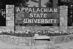 This photo displays the sign that greeted faculty, staff, students and visitors to Appalachian State University’s campus in 1968. The sign, which was erected in 1967, was located at the main entrance of campus, off Blowing Rock Road (U.S. 321). 