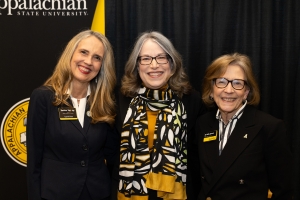 App State Chancellor Heather Hulburt Norris, center, Walker College of Business Dean Sandra Vanny, left, and Reich College of Education Dean Melba Spooner pose for a photo at the meet and greet event for Norris, App State’s newest chancellor. University of North Carolina System President Peter Hans announced Norris’ chancellor appointment as part of the UNC System Board of Governors’ Feb. 27 meeting, upon her election by the board. The meet and greet was held Feb. 27 in Plemmons Student Union on the Boone c