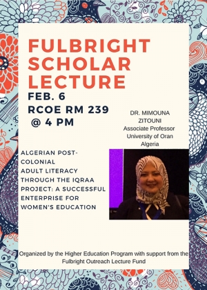 Dr. Mimouna Zitouni, a Fulbright Scholar from Algeria, will visit Appalachian State University February 5-9, 2018.