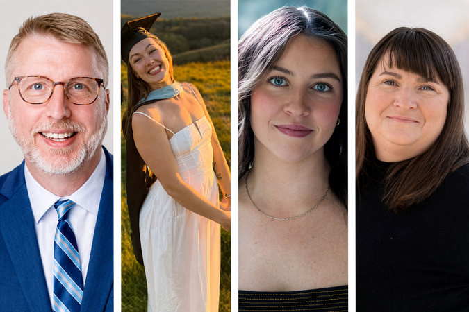 A four‑image collage featuring professional portraits and a graduate photo, including an individual in a suit, an individual wearing graduation attire outdoors, and two head‑and‑shoulders portraits against softly blurred backgrounds.