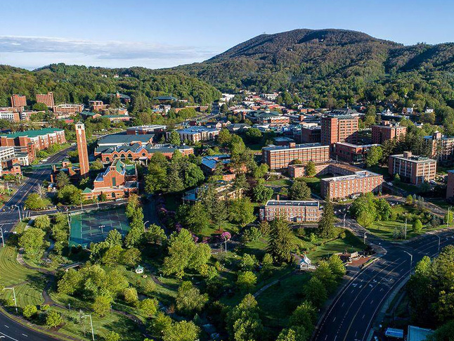 Aerial view of the campus of Appalachian State University, nestled in the Blue Ridge Mountains of Boone, North Carolina. 