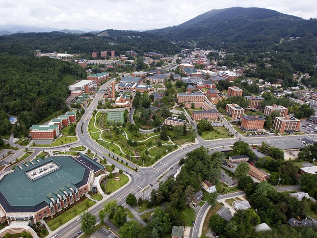 An aerial view of the Appalachian State University campus in Boone, North Carolina. 