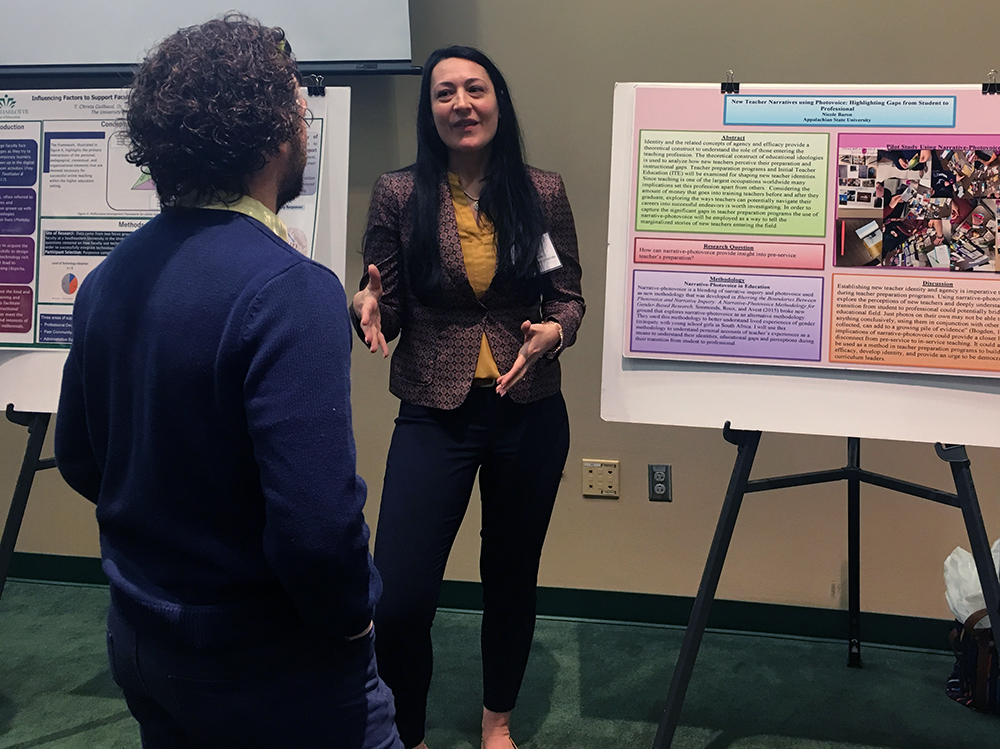 Doctoral candidate, Nicole Baron, discusses her poster presentation: From Student to Professional: New Teacher Perceptions on their Preparedness after College