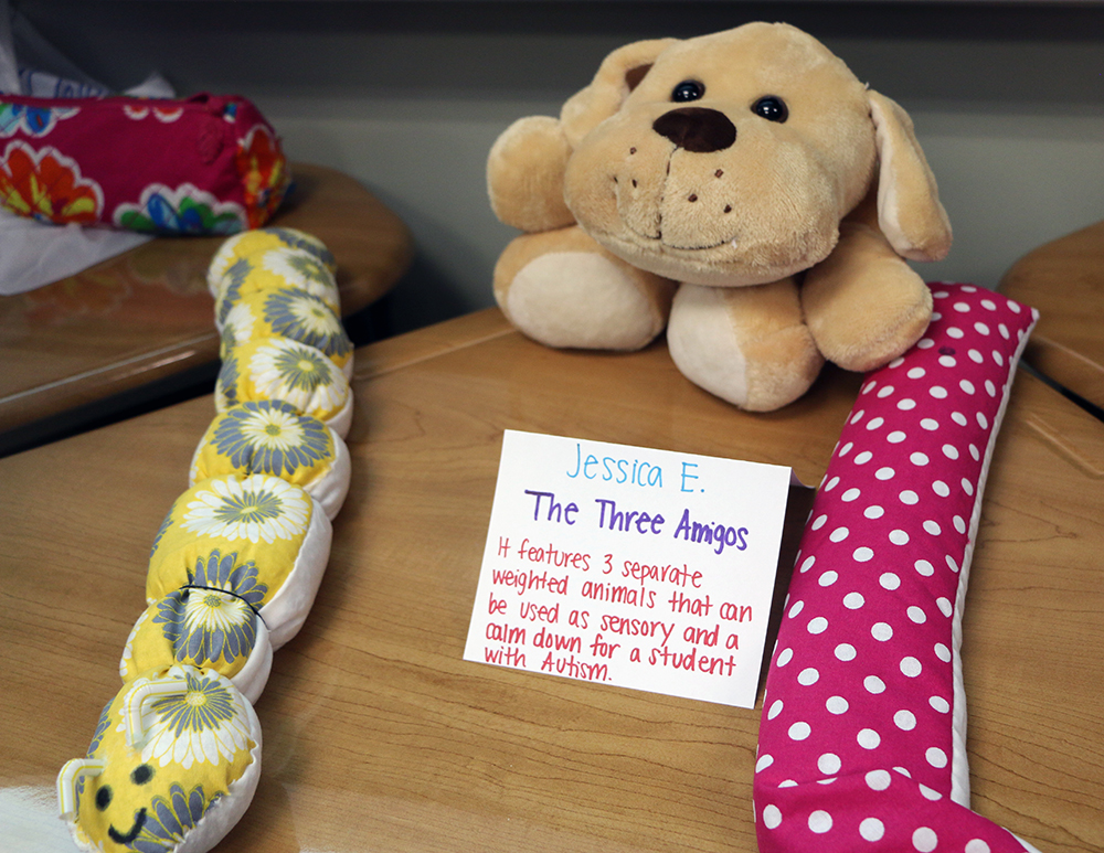 Jessica E. created The Three Amigos weighted animals to help calm students with autism.