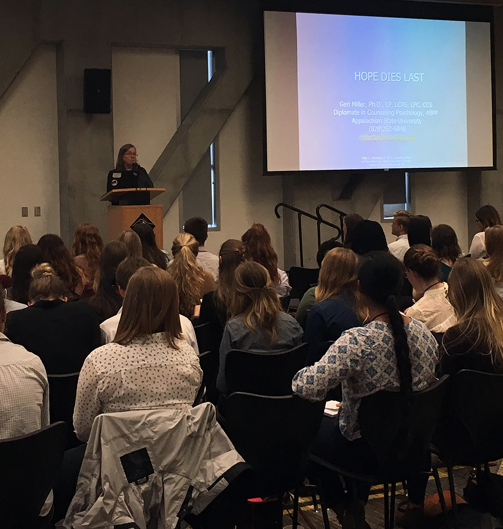 Geri Miller speaks to a packed house at the Appalachian Pre-Health Conference