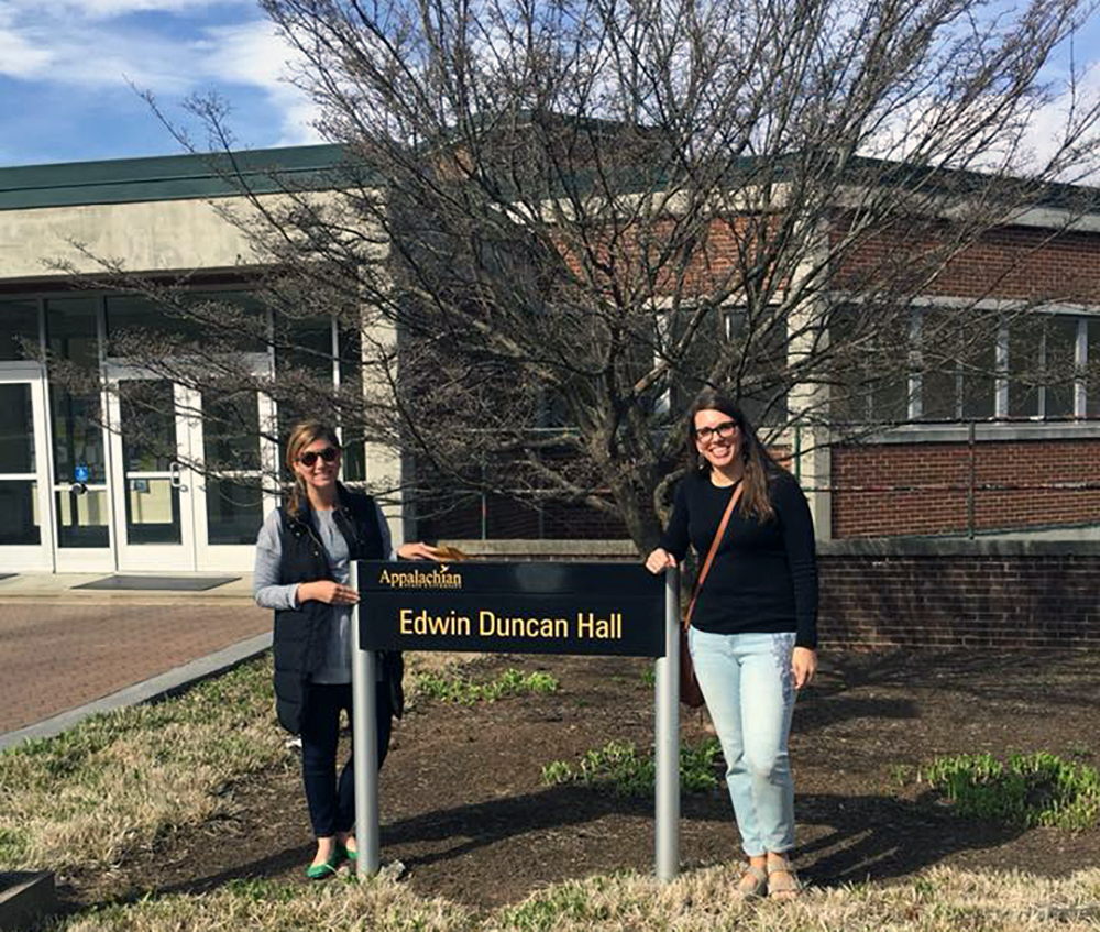 Kelly revisits the campus of Appalachian with friend and coworker, Eve Trotter.