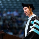 Nathan Weigl speaks at commencement for the Reich College of Education. Graduating with a dual Doctorate of Education/Master of Business Administration degree, he encouraged his fellow graduates, “Expect that you will find yourself in a position to make a lasting and meaningful difference in the lives of others.” Photo by Chase Reynolds
