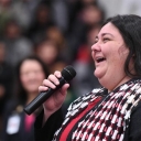 Meghan LeFevers, sole 2017-18 Milken Educator Award recipient from North Carolina, addresses an assembly of students, staff and guests gathered in her honor within Bessemer City High School’s gymnasium. Photo courtesy of Milken Educator Awards